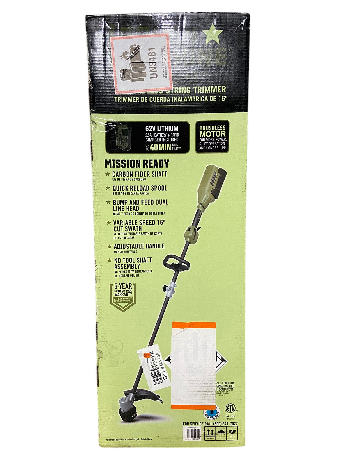 Green Machine 62V 16” Cordless String Trimmer Brushless motor with 2.5AH Battery