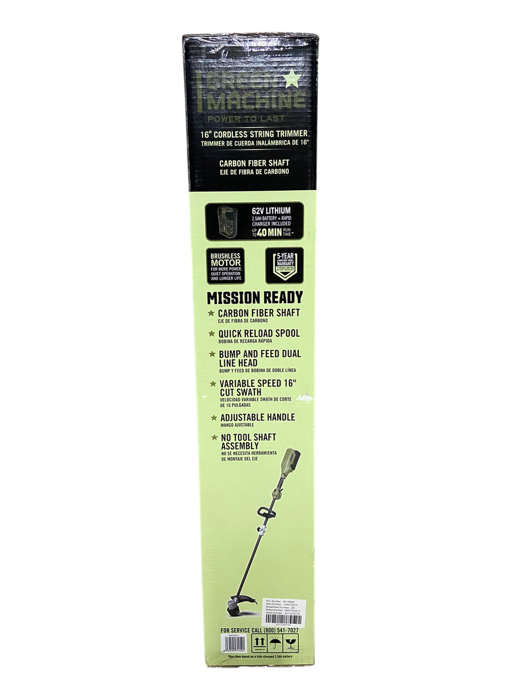 Green Machine 62V 16” Cordless String Trimmer Brushless motor with 2.5AH Battery